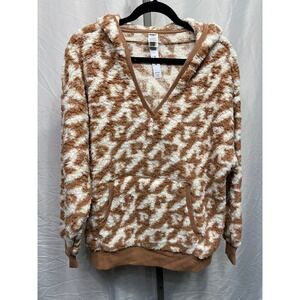 PINK Victoria's Secret Sherpa Fleece Hoodie Brown White Animal Print V Neck  M